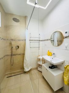 un bagno con lavandino e doccia di Quiet & Park View - Ulm Mitte a Ulma