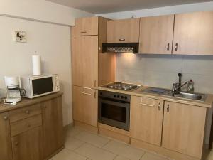 una cucina con armadi in legno, lavandino e forno a microonde di fewoholz a Heppenheim