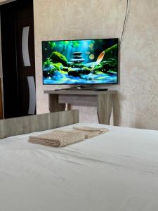 a bedroom with a bed with a television on a table at Nugo Villa in Kutaisi
