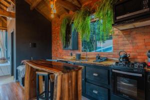 a kitchen with a stove and a counter top at Recanto Ágape in Santo Amaro da Imperatriz