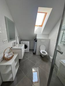 a bathroom with a sink toilet and a window at Pálma Apartman in Cserkeszőlő