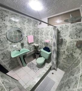 bagno con servizi igienici verdi e lavandino di Gold House Oro a Hacienda Mera