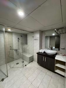 a bathroom with a sink and a shower at Hotel de Papae in Islamabad +133 photos