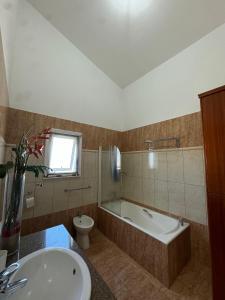 a bathroom with a tub and a sink and a toilet at Villa Dafni Malama in Paralimni