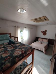 ein Schlafzimmer mit zwei Betten und einem Fenster in der Unterkunft Casa de Temporada Preciosa in Novo Airão