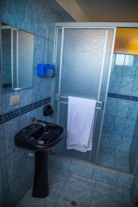 a bathroom with a sink and a shower at Wisny Inn in Puno