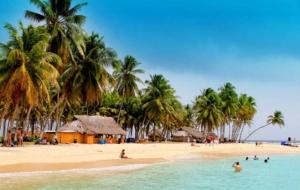 a beach with palm trees and people in the water at Isla aguja San Blas in Panama City