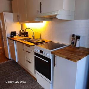 a kitchen with a sink and a stove top oven at Marinas apartment in Stavanger Øst with gratis parking place in Stavanger +6 photos