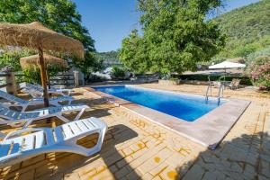 einen Pool mit Stühlen und Sonnenschirmen neben einem Pool in der Unterkunft Cortijo Rural Las Nogueras in Cortijada Los Chorreros