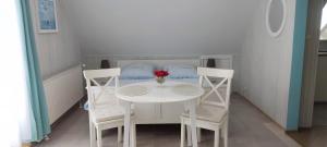 a table and chairs in a small room with a bed at Ferienwohnung Schmetterling II in Grossenbrode