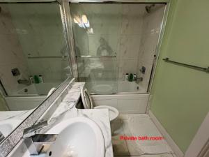 a bathroom with a sink and a shower and a toilet at Newton B&B in Surrey