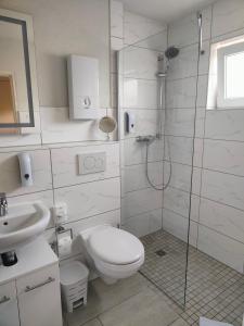 a bathroom with a shower and a toilet and a sink at Apartment Waldkauz in Bad Lauterberg +7 photos