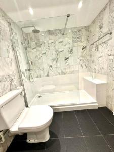 a bathroom with a toilet and a shower and a sink at Charming 3 Bed Luxury Flat in Central London in London