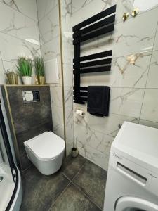 レンボルクにあるMarzecz HOME Lębork Centrumのトイレと洗面台付きのバスルーム +10枚の写真