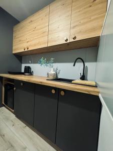 レンボルクにあるMarzecz HOME Lębork Centrumのキッチン(黒いキャビネット、木製カウンタートップ付)