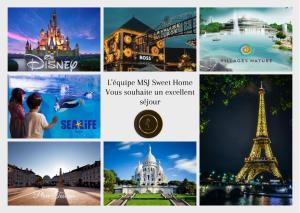 セリにあるCosy Appartement - Val d'Europe - Vallée Shopping - Disneyのさまざまな名所や記念碑の写真のコラージュ