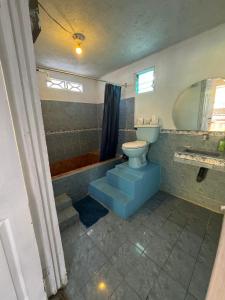 a bathroom with a toilet and a sink and a tub at Shalon Apartments 4 personas in Cahuita