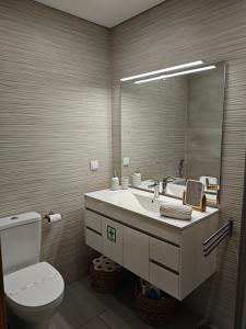 een badkamer met een wastafel, een toilet en een spiegel bij The Old Town House by Freetimealgarve in Faro +41 foto's