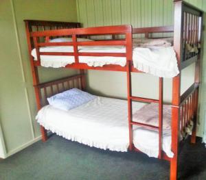 ein Zimmer mit drei Etagenbetten in einem Zimmer in der Unterkunft Skyehaven Holiday Home - Coromandel Town in Coromandel Town