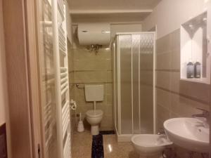 a bathroom with a toilet and a sink and a shower at BARDI AL RIOLO Robinia Apt in Bardi