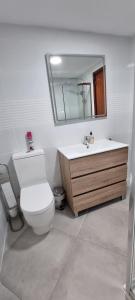 ein Badezimmer mit Toilette, Waschbecken und Spiegel in der Unterkunft Habitación Matrimonio cerca a la Playa de Poniente in Benidorm