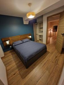 a bedroom with a bed and a blue wall at Charmante maison de ville in Châtillon-sur-Seine