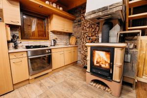 a kitchen with a fireplace in the middle at Perníková chalúpka in Lehotská