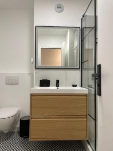 een badkamer met een wastafel en een spiegel bij New fully equiped appartment with parking in Saint-Mandé +11 foto's