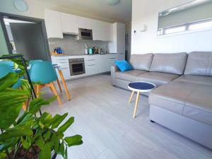a living room with a couch and a kitchen at Apartamenty Relaks & Spa Pięć Mórz in Sianozety