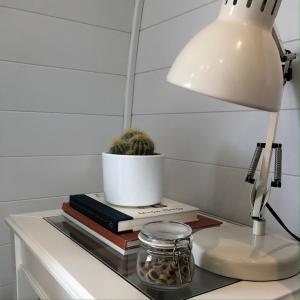 a table with a lamp and a plant on top of books at Sandy Meadow Escapes in Lairg