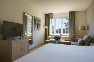 Una habitación de hotel con una cama grande y un televisor. en Crisol Jardines de Córdoba, en Córdoba