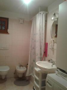 a bathroom with a sink and a toilet and a shower at Appartamento vista Baranci in San Candido