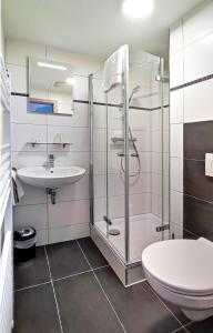 a bathroom with a shower and a toilet and a sink at MARKTWIRTSCHAFT Restaurant & Hotel in Freudenstadt