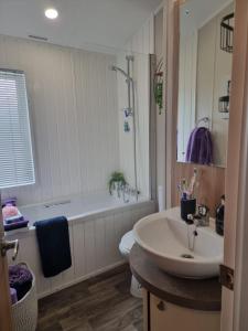 a bathroom with a sink and a tub and a toilet at No 1, The Meadows Presthaven Beach Prestatyn in Talacre