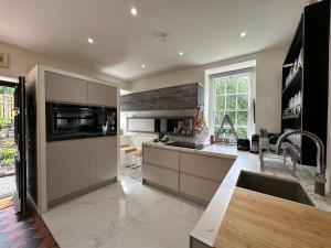 a large kitchen with a sink and a stove at Bridge Cottage Upper Malone in Belfast