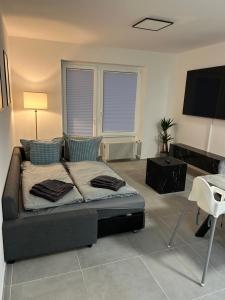 a living room with a bed and a flat screen tv at Ferienwohnung Menges in Medebach