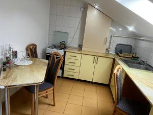 a kitchen with a table and chairs and a sink at Apartament central Timisoara in Timişoara