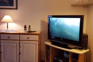 einen Flachbild-TV auf einem Stand in einem Zimmer in der Unterkunft Meeresbrise, Whg EG, Otto Guatingwai 18 in Goting