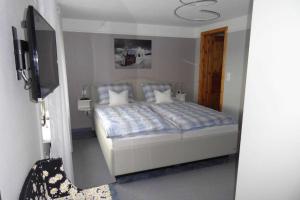 a bedroom with a bed and a tv in a room at Whg Osterheide, Osterheideweg 1 in Nieblum