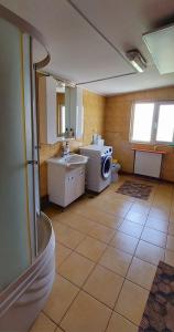 a bathroom with a sink and a washing machine at Vila Lacul Caldarusani in Grădiştea +29 photos