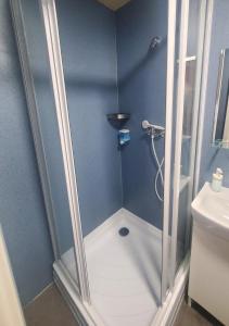 a shower with a glass door in a bathroom at Treestyle Deluxe Rooms in Budapest