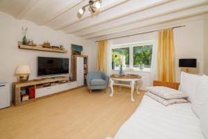 Una sala de estar con un sofá, un televisor y una mesa. en Emaris, en Tribalj