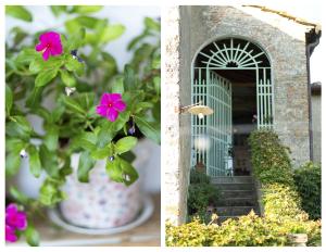 two pictures of a door with a pink flower at Vivaia Trendy Rural in Poggibonsi
