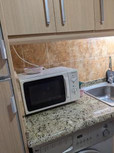 a microwave sitting on a kitchen counter next to a sink at Apartamento Las Vistillas in Valdelinares +8 photos