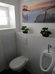 a bathroom with a toilet and a urinal with two plants at Ferienwohnung II Sarrebriese in Bottmersdorf