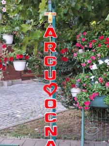 a sign for a garden with flowers in a yard at Apartament CENTRAL in Târgu Ocna