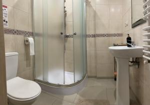ein Badezimmer mit Dusche, Toilette und Waschbecken in der Unterkunft Pokoje u Sarnowskich in Kościelisko + 61 Fotos