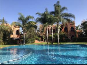 a swimming pool with palm trees in front of a building at Maison d'Hôte Angele in Sfiani