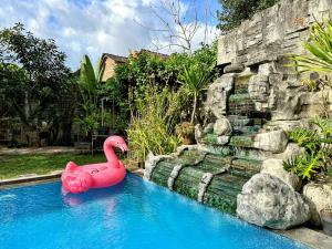 a pink inflatable flamingo in a swimming pool at Mangkoe Ndoro Kostel in Godean