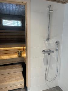 un bagno con doccia, lavandino e doccia di Miilu Resort a Ylläsjärvi